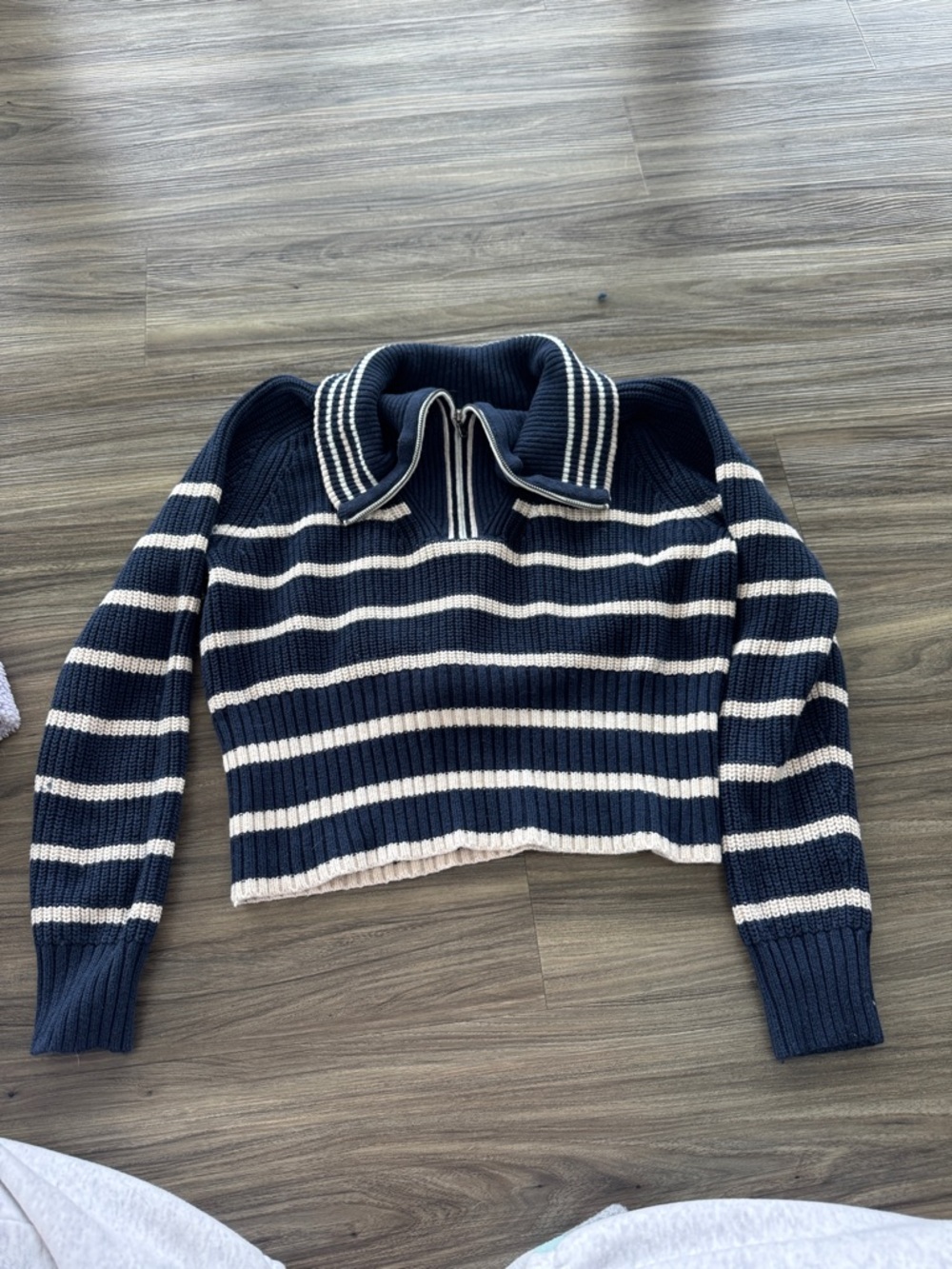 J crew Striped Navy and Cream Cropped Knit Sweater with Zip Collar